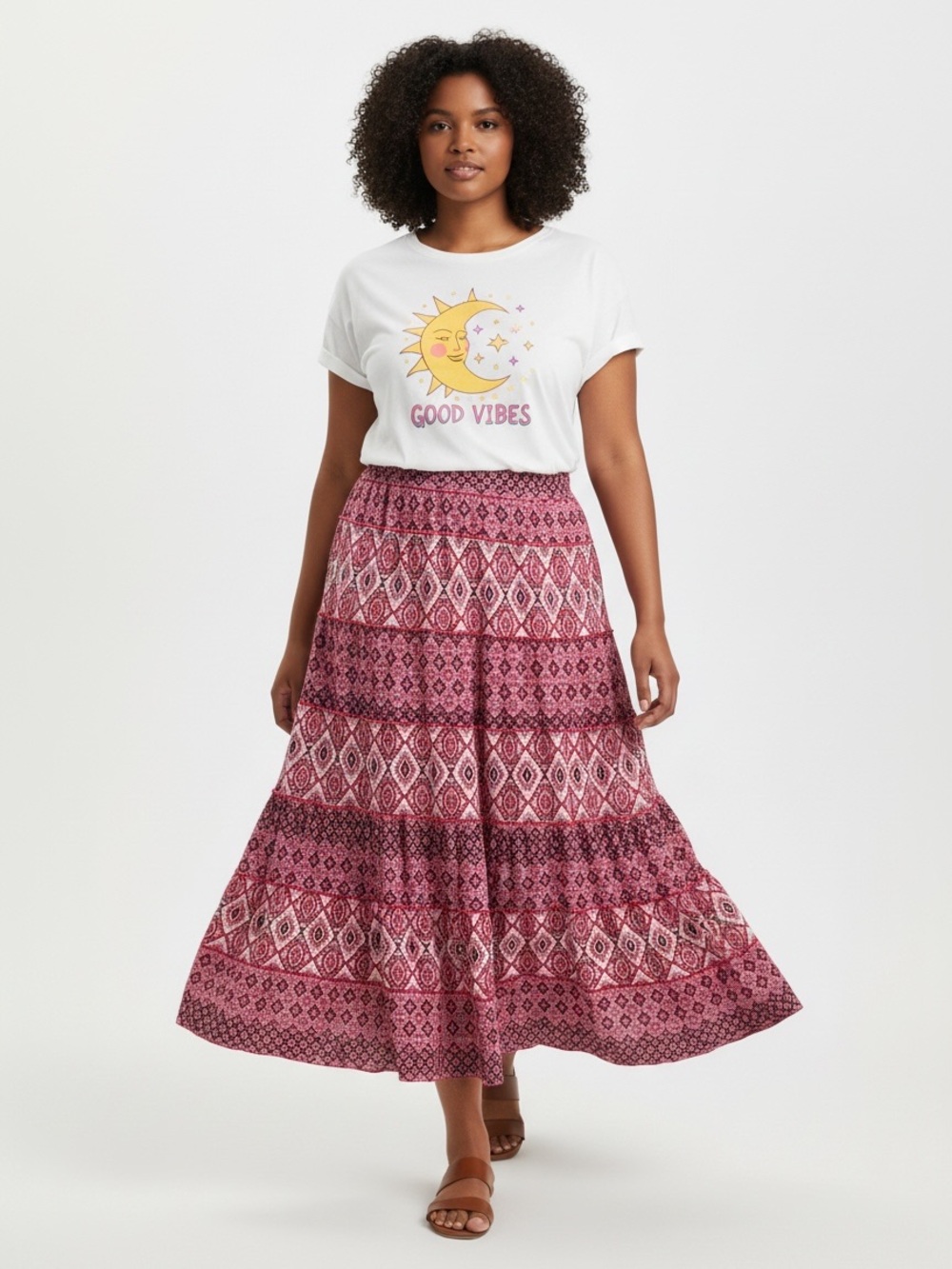 ✌🏼😎 Dana Buchman Pink Patterned Tiered Maxi Skirt size XL